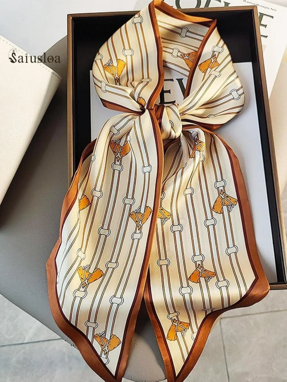 Women's Brown Saddle Head Scarves Long Skinny Silky Hair Bags Scarf